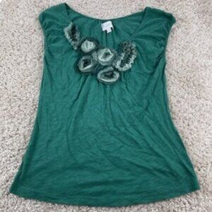 Anthropologie Deletta Teal Floral Embellished 3D Scoop Neck Top - HTF!